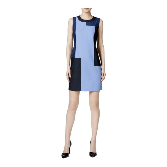 Calvin Klein‎ Shift Dress Color Block Denim Sleeveless Career Blue Women Size 4P - Picture 1 of 10